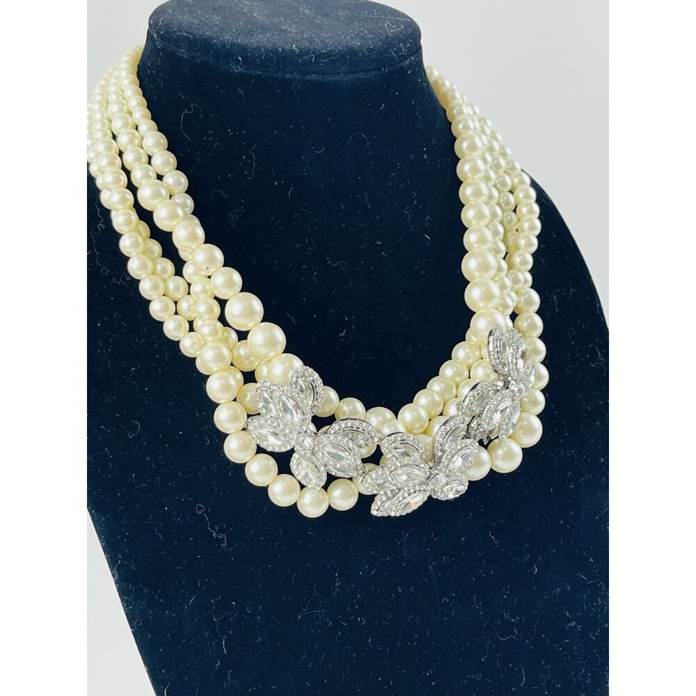 Vintage Ann Taylor Multi Strand Faux Pearl Chunky Necklace Flower Rhinestone Bow
